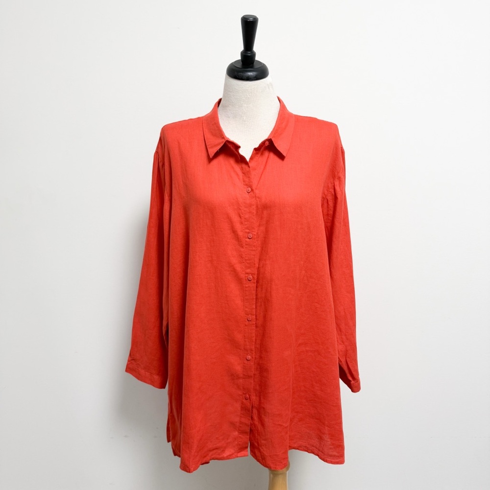 Eileen Fisher Flame Orange Red Organic Linen Classic Collar Button Up Tunic 3X